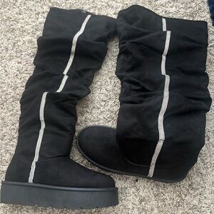 Black Suede Knee-High Boots with Silver Accents